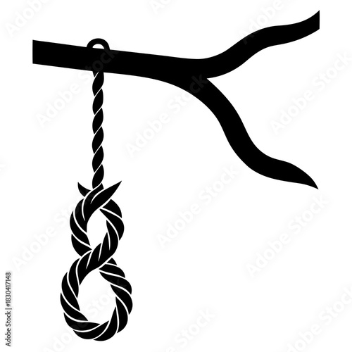 Black silhouette of a noose hanging from a tree branch