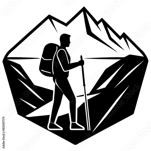 Silhouette of a hiker with a backpack and trekking poles against a mountain backdrop