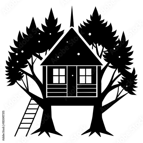 Whimsical black silhouette of a treehouse nestled among pine trees