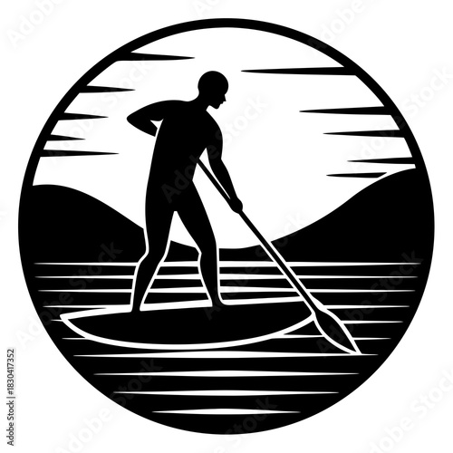 Silhouette of a man paddleboarding on water with mountains in the background