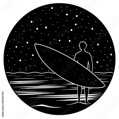 Surfer silhouette holding surfboard against starry night sky over ocean waves
