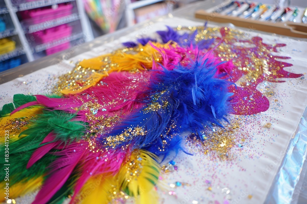 Fototapeta premium Vibrant carnival feather display with electric blue accents and glitter.
