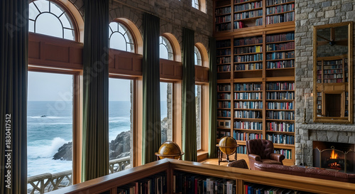 Wallpaper Mural Cozy coastal-inspired reading nook with ocean view windows and warm wooden shelves
 Torontodigital.ca
