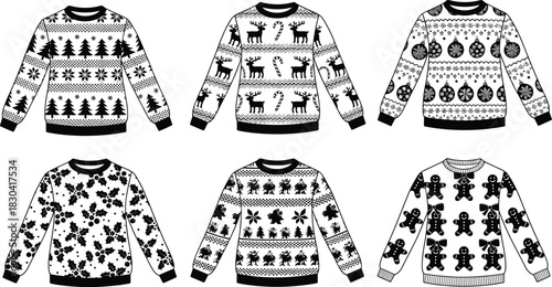 Christmas sweater silhouette set, snowflake and reindeer pattern, gingerbread motif, festive holiday fashion, seasonal knitwear icons, black and white illustration