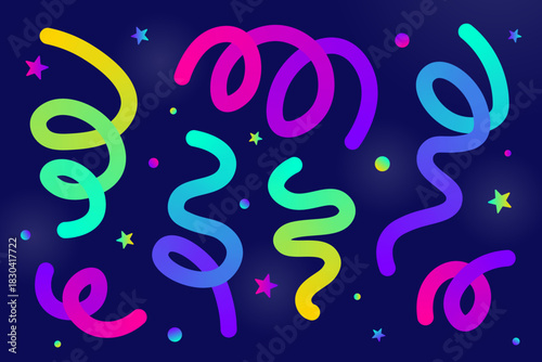 Colorful serpentine ribbons, curly streamers and confetti on a blue background. Abstract celebration design for New Year party invitation, greeting card, birthday and sophisticated holiday decoration