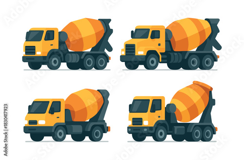 Concrete mixer trucks with cement, flat vector illustration for construction
