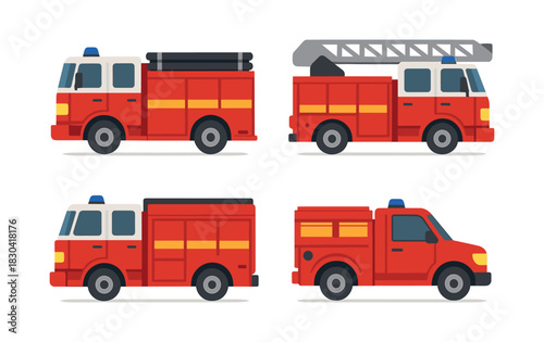 Fire engine collection, emergency vehicles, ladder truck, flat vector illustration