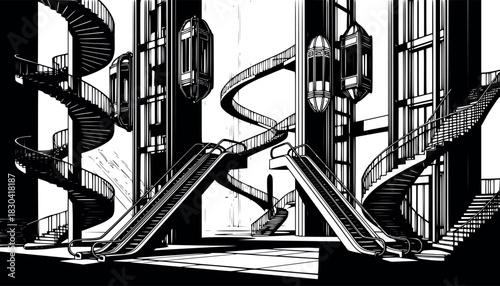 Monochrome illustration of a building interior with escalators and spiral stairs vector illustration