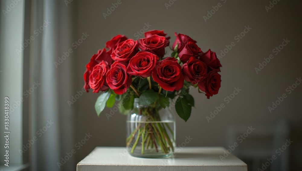 Fototapeta premium Vibrant bouquet of red roses in a clear glass vase on a bright white table