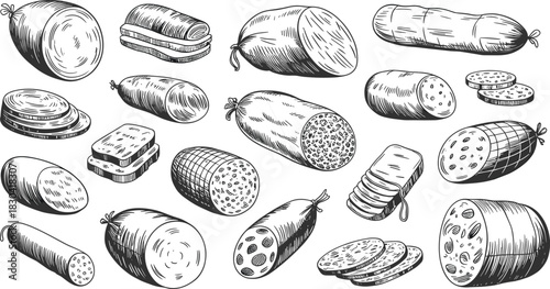 Vintage Hand-Drawn Engraving Sketch Collection of Various Sausages, Salami, and Deli Meats, Perfect for Butcher Shop Menu Design.