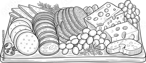 Elegant hand-drawn charcuterie board illustration with cheese, sausage slices, grapes, and gourmet food elements