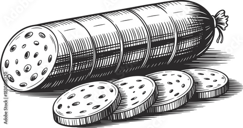 Vintage hand-drawn sliced sausage illustration, detailed engraving style food graphic for culinary design and packaging