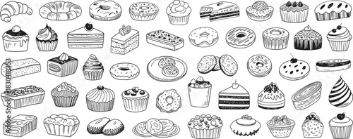 Large set of vintage hand drawn bakery sketches including cakes, donuts, muffins, and sweet cookies.