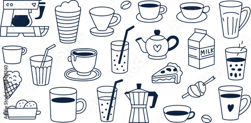 Hand drawn doodle collection of coffee and tea icons, including mugs, machine, milk, and cake.