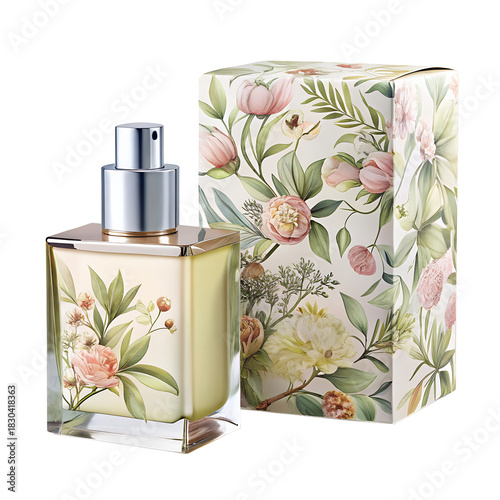 Elegant square glass perfume bottle with floral pattern next to its matching decorative gift box isolated on transparent background