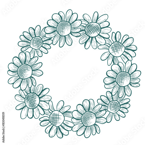 Chamomile flower wreath. Vector round wreath, hand-drawn in a graphic style. Trendy colors used. Botanical illustration of flowers.