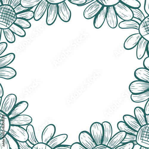 A square frame with daisies. Vector frame in line art style. Botanical drawing of wildflowers. Executed in a popular dark turquoise shade. Nature engraving.