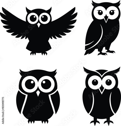 Cute owl vector illustrations, black and white bird icons, cartoon owl designs, wildlife nature animals, flying and standing poses, simple flat vector art.