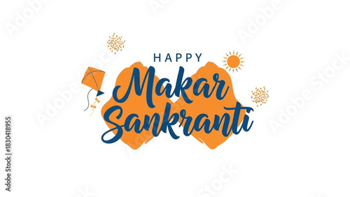 Happy Makar Sankranti Text Design with Kites and Sun.
