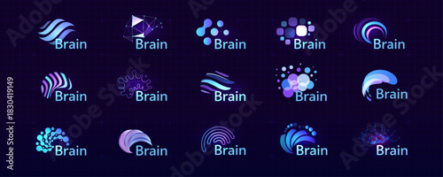Brain Logo Icon Smart Digital Transformation Symbol AI Artificial Intelligence Computer Neural Science Research Technology. Abstract Creative Future Brains Set Logos Purple Color. Vector Illustration