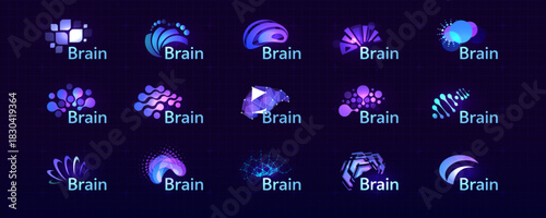 Brain Logo Icon Smart Digital Transformation Symbol AI Artificial Intelligence Computer Neural Science Research Technology. Abstract Creative Future Brains Set Logos Purple Color. Vector Illustration