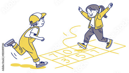 A young boy and girl happily playing the classic game of hopscotch together in a simple line art illustration.