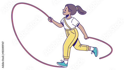 A young girl is joyfully skipping rope, enjoying a fun outdoor activity.