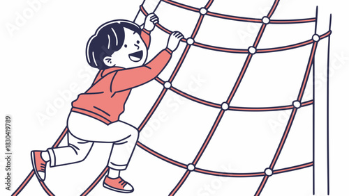 A happy child in a red shirt and white pants climbing a rope net on a playground.