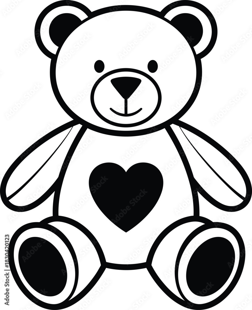 Fototapeta premium Cute teddy bear with heart shape on chest, flat vector illustration, perfect for kids design, love, nursery, and cartoon graphics.