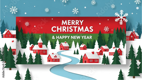 Merry Christmas And Happy New Year Greeting Card With Winter Village Scene