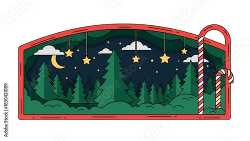 Whimsical Holiday Night Forest Illustration with Twinkling Stars, Moon, and Festive Candy Cane Decoration