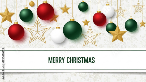 Festive Merry Christmas Holiday Background with Ornaments and Stars