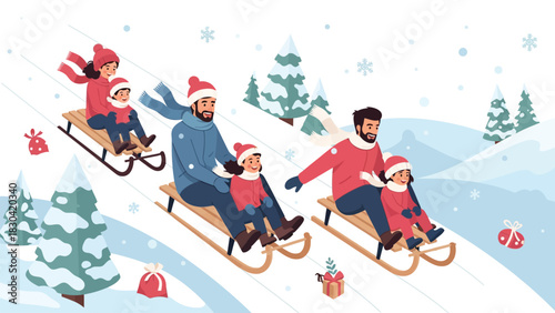 Happy families enjoying winter fun, sledding down snowy hills together.