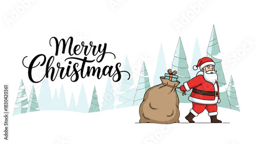 Merry Christmas illustration with Santa Claus and gift bag
