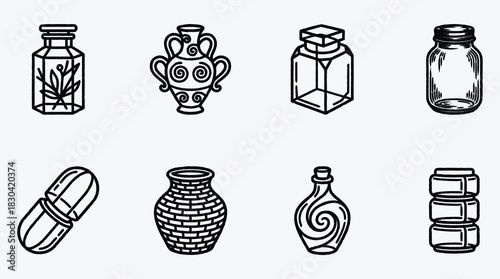 Collection of various outline style containers and bottles for diverse usage