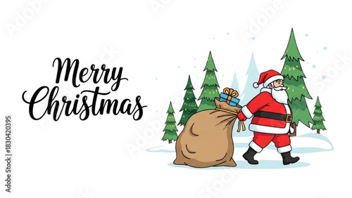 Santa Claus walking through a snowy winter forest with a big sack of gifts for Christmas