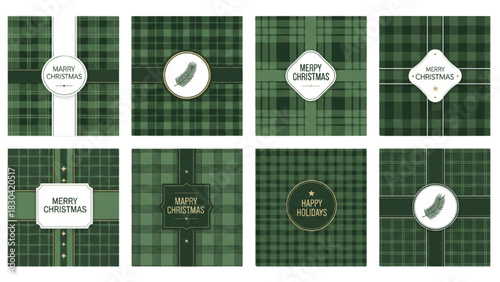 Set of green plaid Christmas greeting cards with festive labels and holiday frames