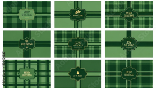 Elegant Green Plaid Holiday Gift Wrap Backgrounds with Festive Christmas Greetings and Decorative Labels