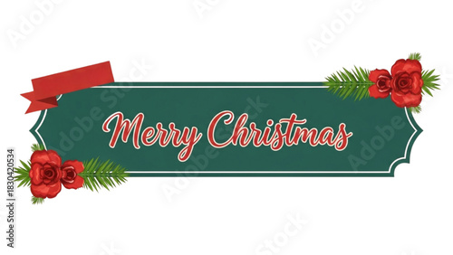 Merry Christmas festive banner with holly and red ribbon for holiday greeting