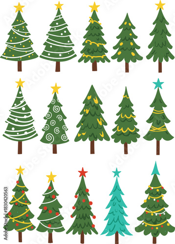 Set of fifteen decorated Christmas trees, festive holiday season design, colorful ornaments and stars, winter celebration symbols, decorative pine tree illustration