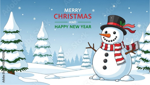 A joyful cartoon snowman wearing a top hat in a snowy winter forest landscape