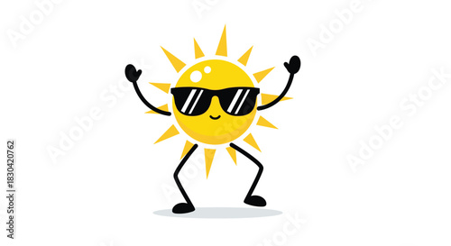 A cheerful cartoon sun character wearing cool sunglasses, dancing happily on a white background, radiating summer fun and positive vibes.