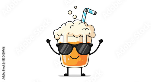 A cheerful cartoon glass of a frothy, amber beverage wearing cool sunglasses and holding a striped straw, ready for a refreshing drink.