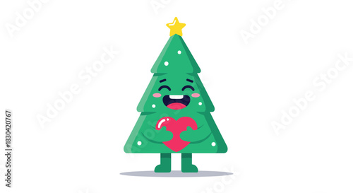 A cheerful cartoon Christmas tree character adorned with a yellow star, happily holding a red heart, symbolizing love and holiday spirit.