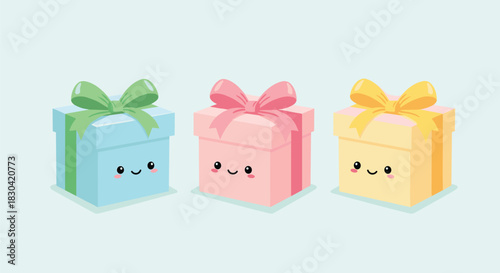 Three cute kawaii gift boxes in pastel blue, pink, and yellow, each with a happy face and matching bow, stand on a light background.
