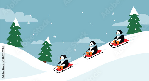 Three adorable cartoon penguins happily sledding down a snow-covered hill on a frosty winter day amidst festive evergreen trees.