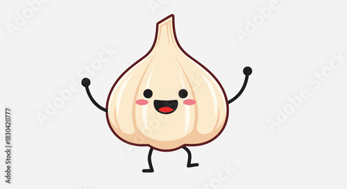 Cheerful cartoon garlic character smiling brightly with blush cheeks and simple stick arms and legs, a happy healthy food mascot.