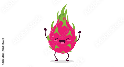 A cheerful and vibrant cartoon dragon fruit character with a happy smile and raised arms on a clean white background.