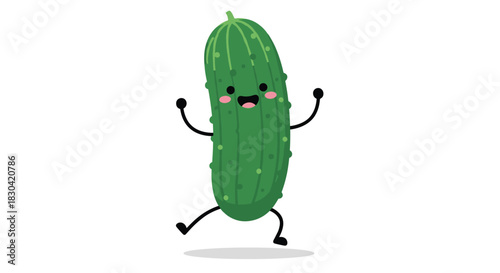A vibrant green cartoon cucumber character with a happy face and pink cheeks joyfully dances, raising its stick-like arms on a clean white background.