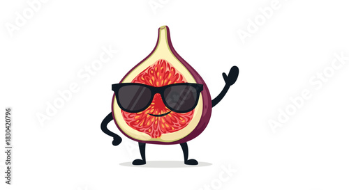 A cheerful, cool fig character, cut in half and wearing sunglasses, smiles and waves hello on a clean white background.